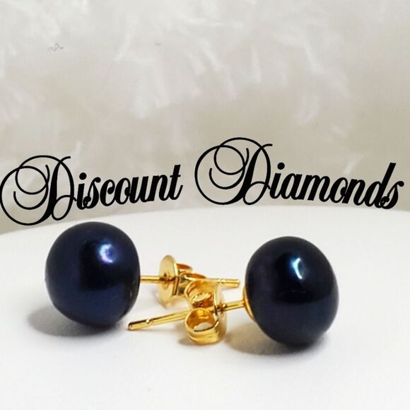 Black Natural South Sea AAA Pearl 9 to 10 mm stud earrings and Real 14K Gold - Picture 1 of 6